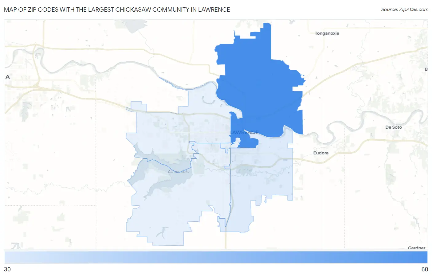Zip Codes with the Largest Chickasaw Community in Lawrence Map