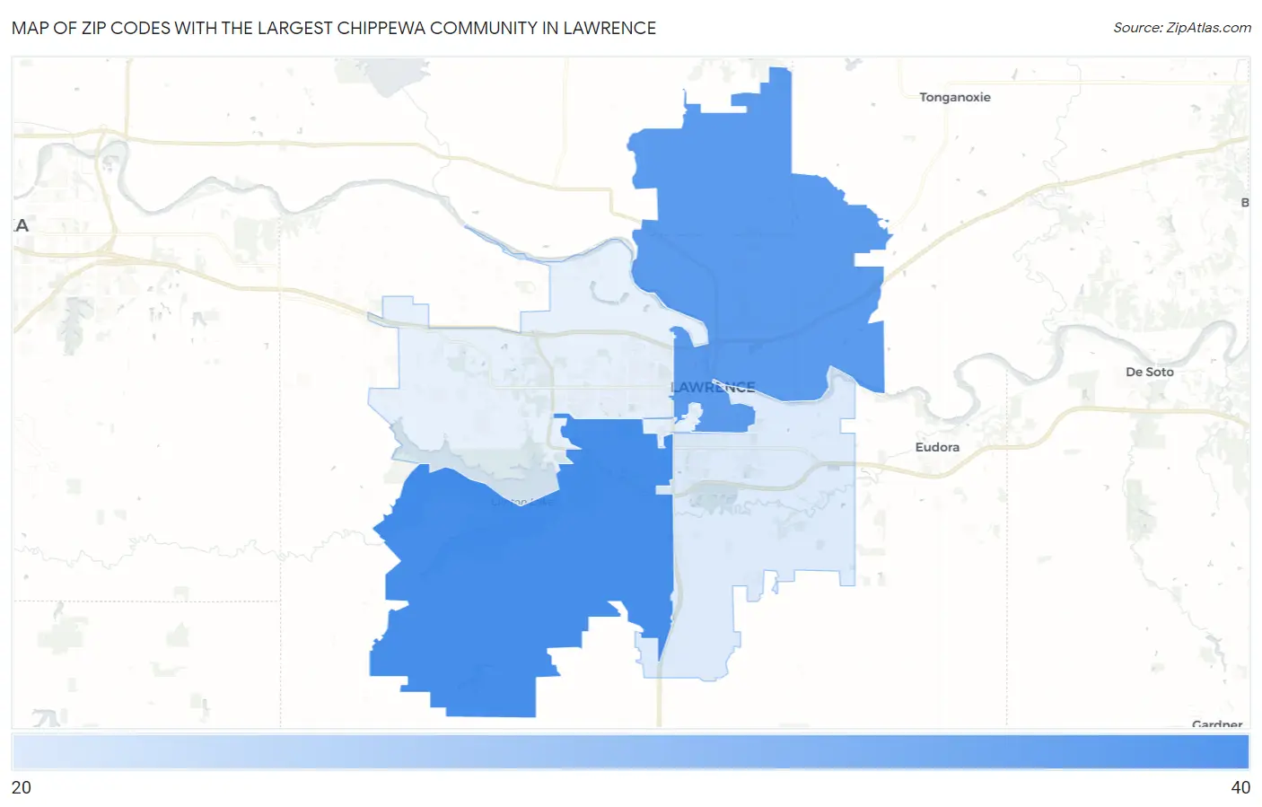 Zip Codes with the Largest Chippewa Community in Lawrence Map