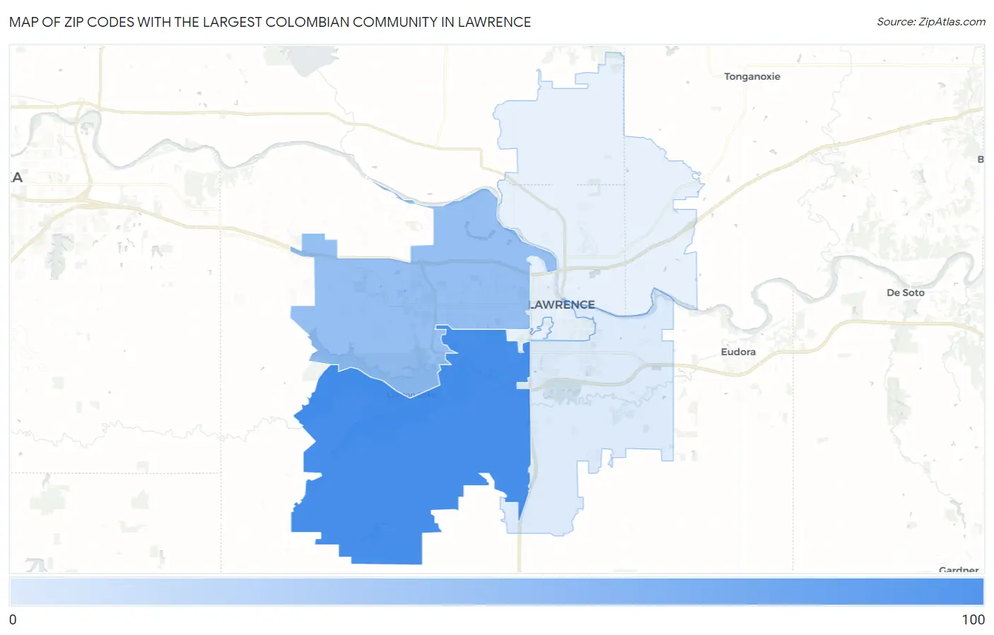 Zip Codes with the Largest Colombian Community in Lawrence Map