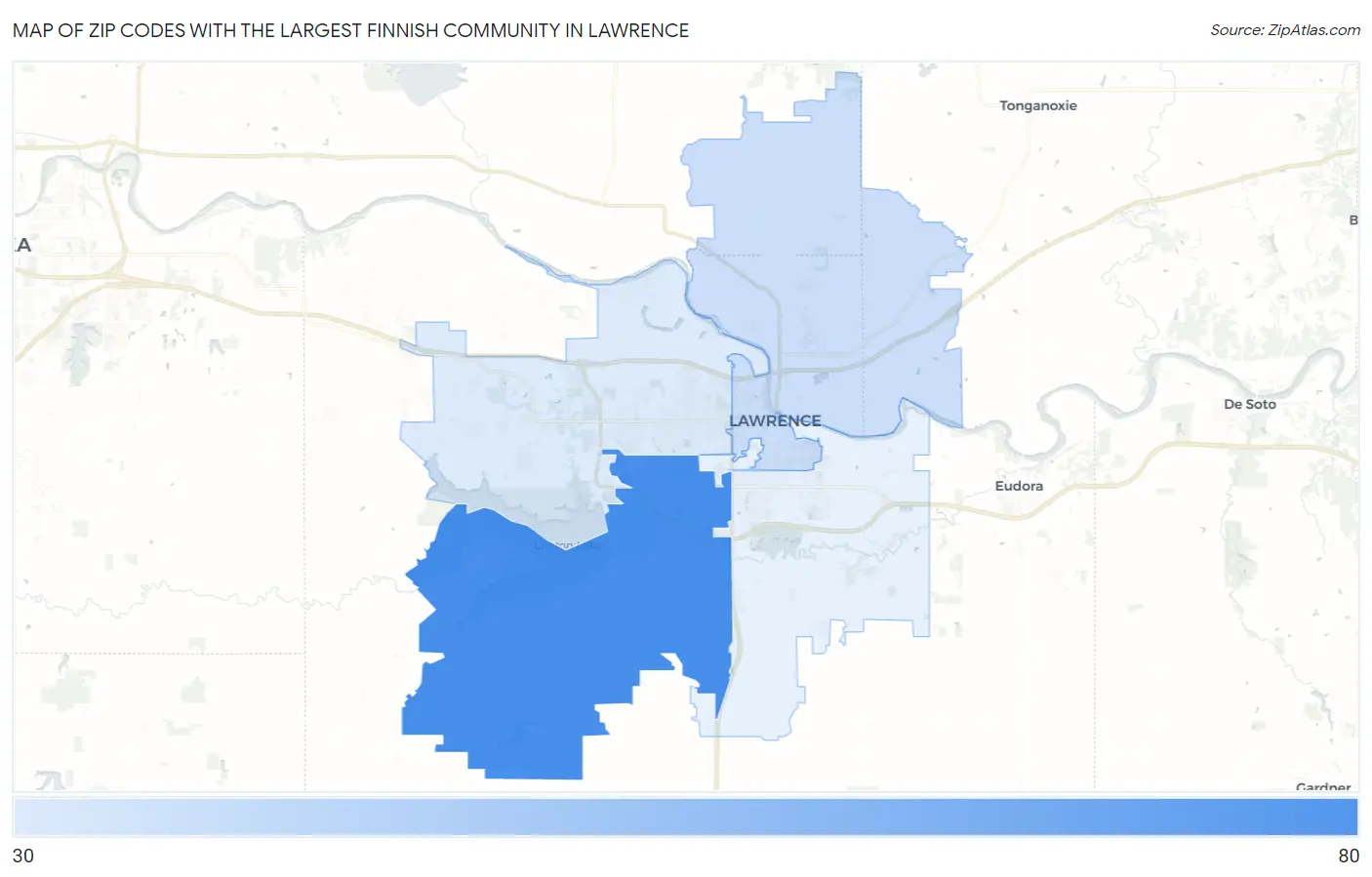 Zip Codes with the Largest Finnish Community in Lawrence Map