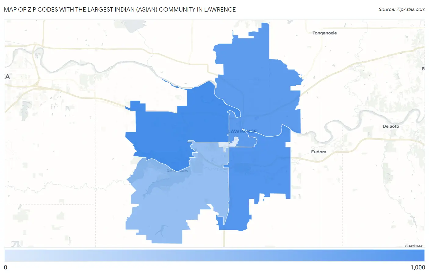 Zip Codes with the Largest Indian (Asian) Community in Lawrence Map