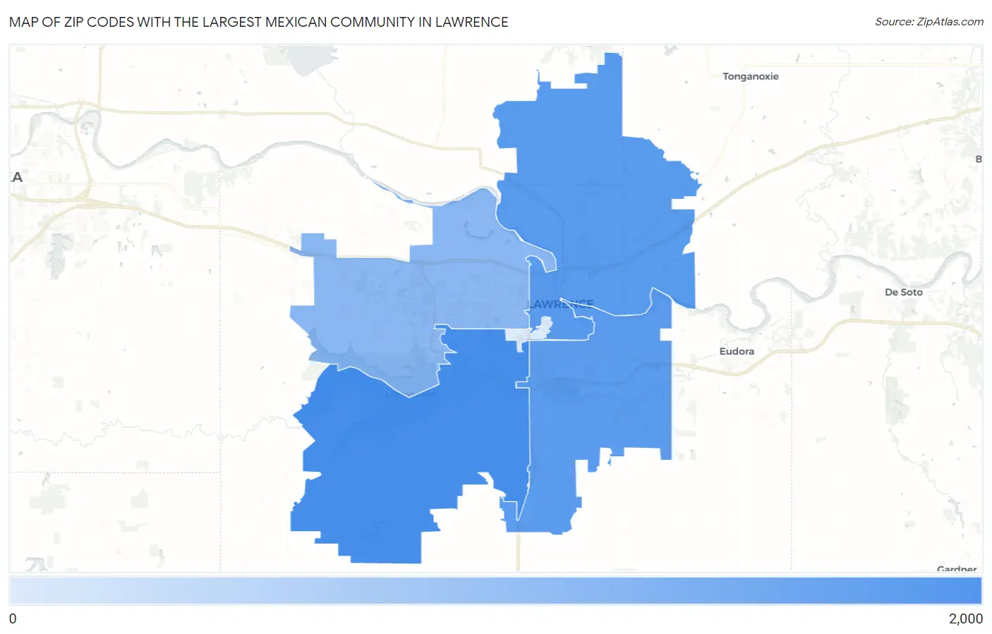 Zip Codes with the Largest Mexican Community in Lawrence Map