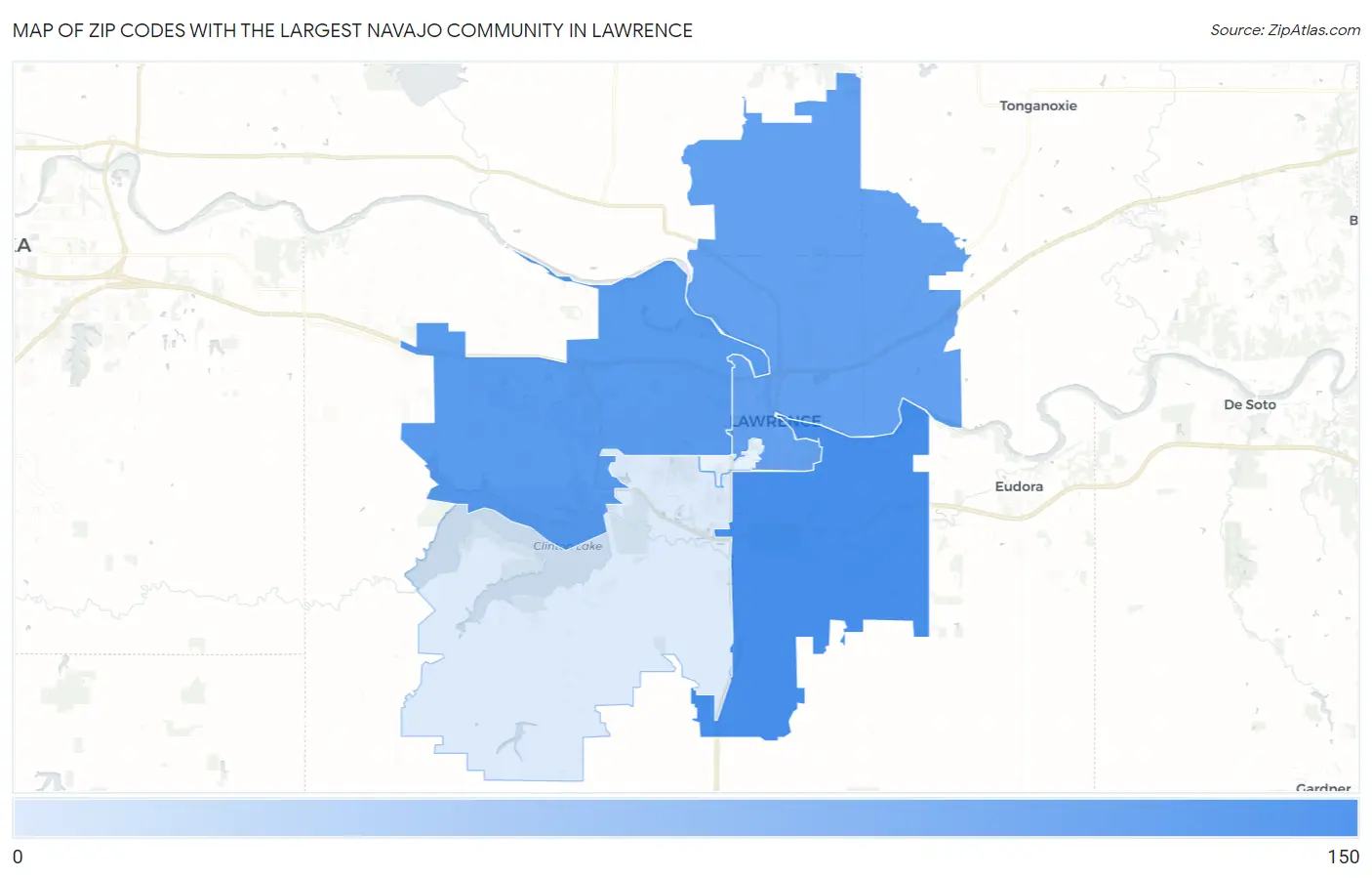 Zip Codes with the Largest Navajo Community in Lawrence Map
