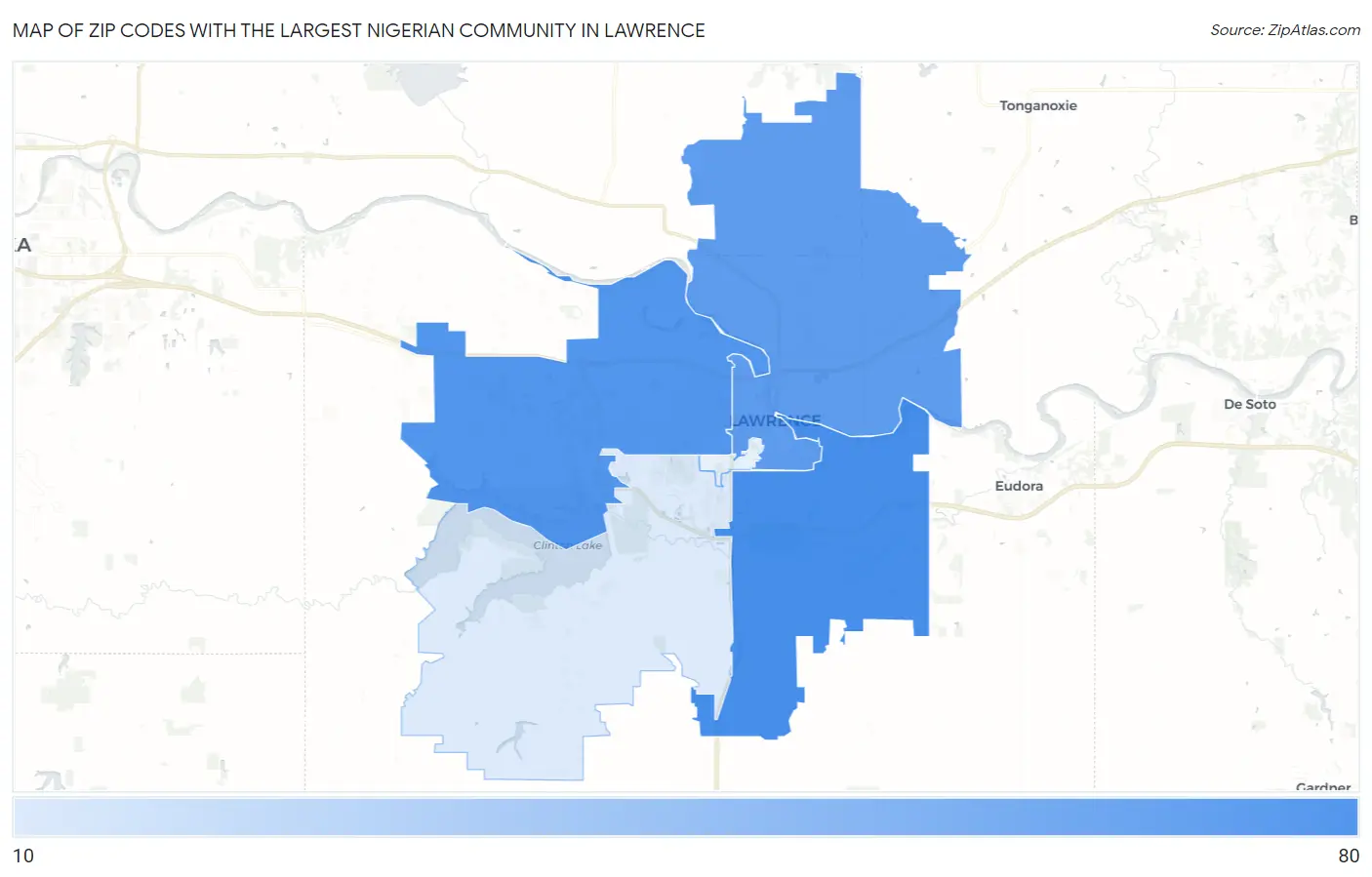 Zip Codes with the Largest Nigerian Community in Lawrence Map