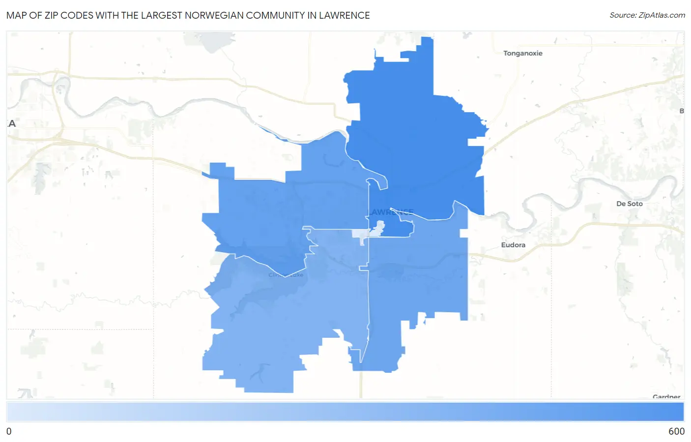 Zip Codes with the Largest Norwegian Community in Lawrence Map