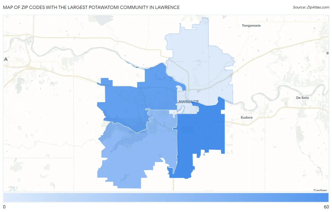 Zip Codes with the Largest Potawatomi Community in Lawrence Map