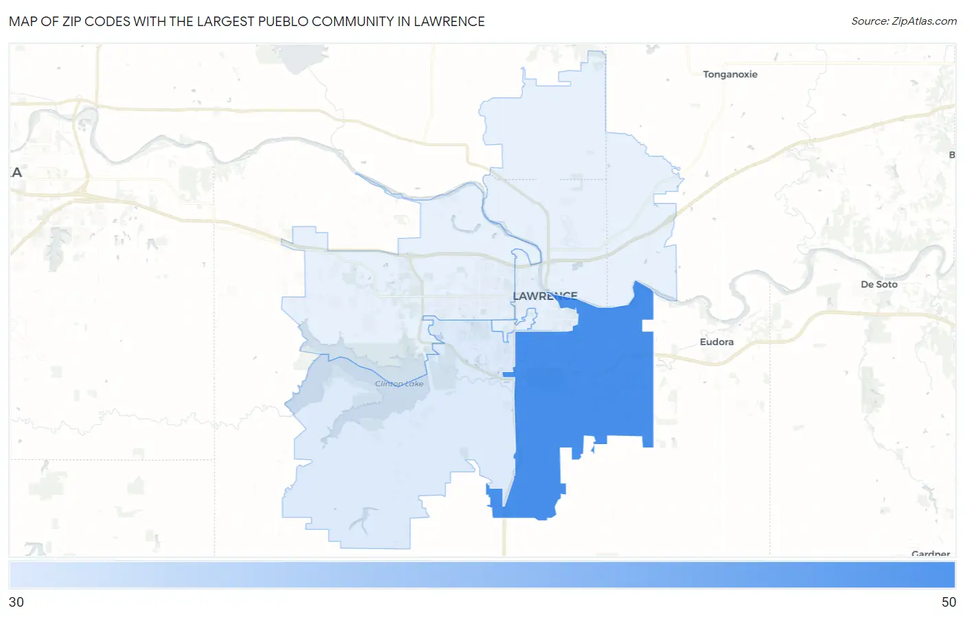 Zip Codes with the Largest Pueblo Community in Lawrence Map
