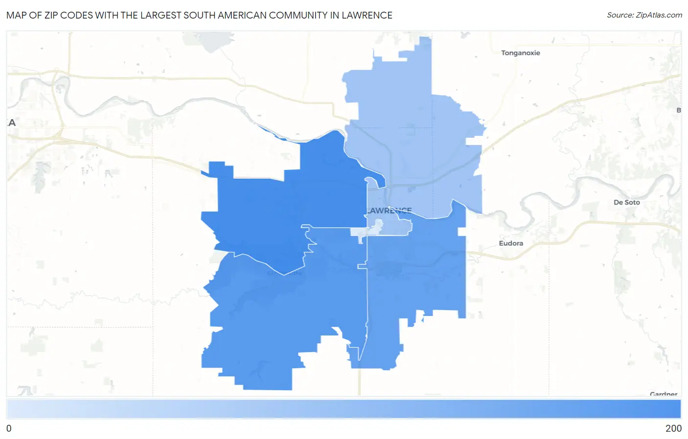 Zip Codes with the Largest South American Community in Lawrence Map