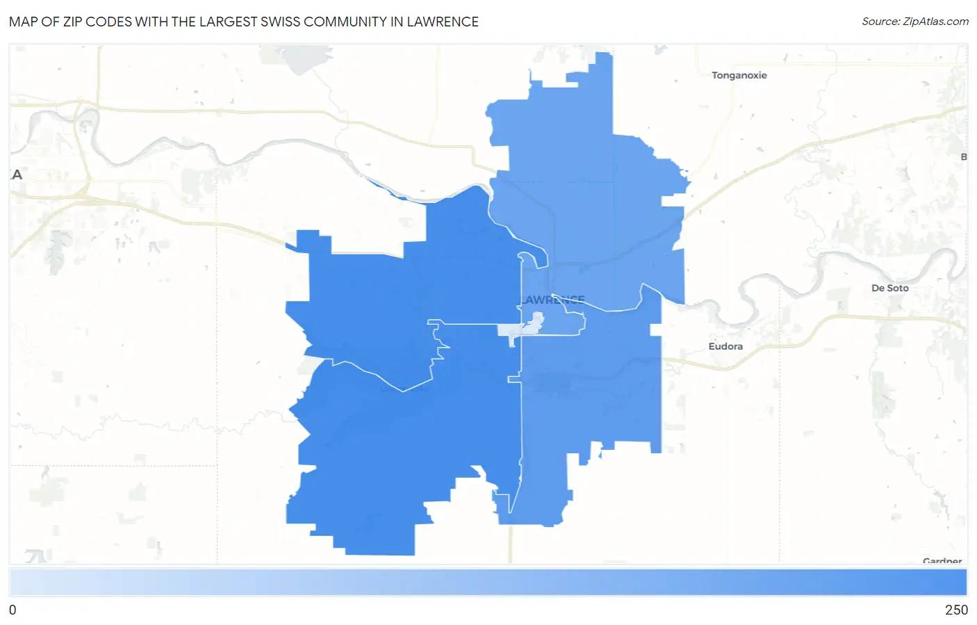 Zip Codes with the Largest Swiss Community in Lawrence Map