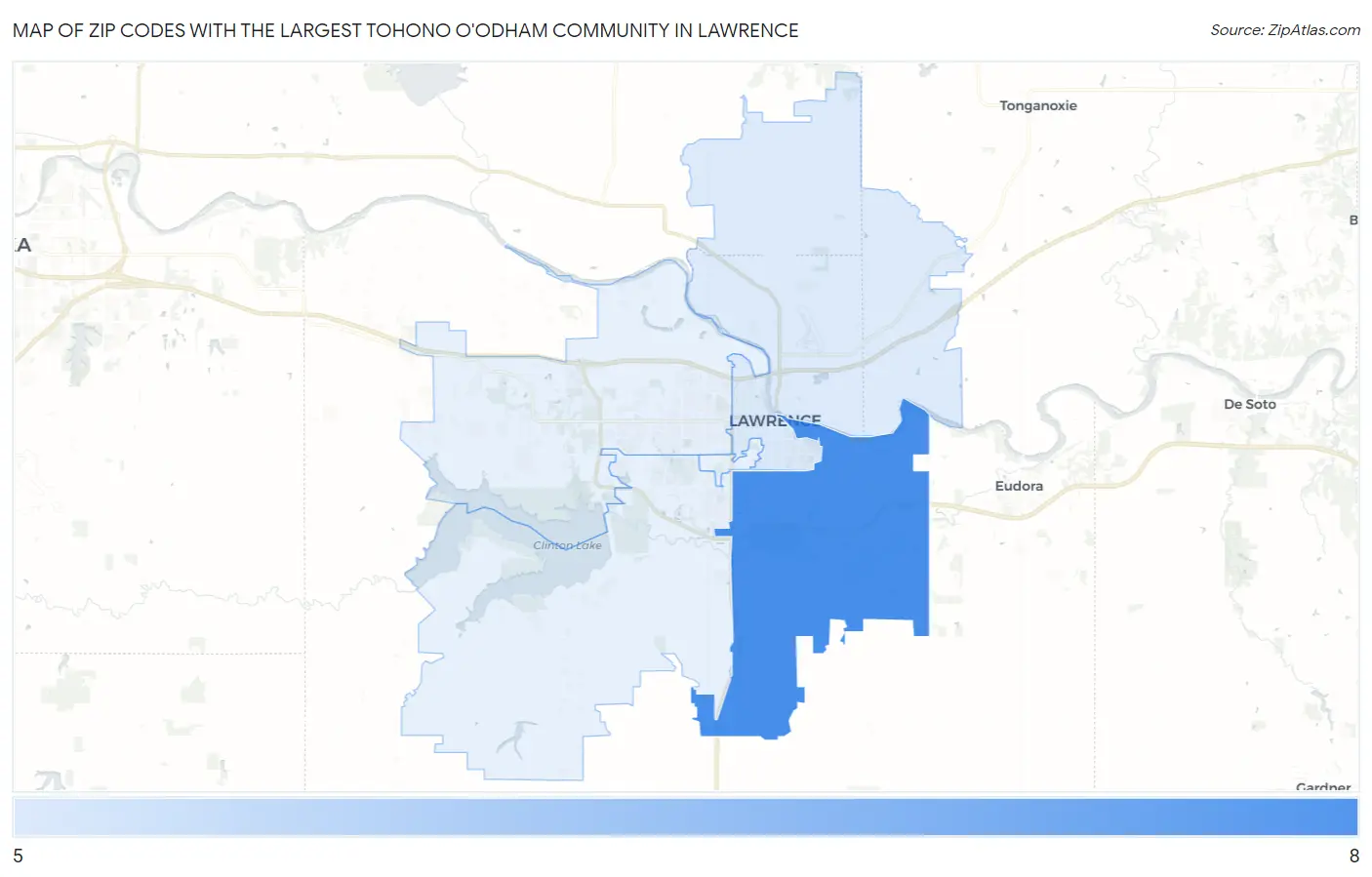 Zip Codes with the Largest Tohono O'Odham Community in Lawrence Map