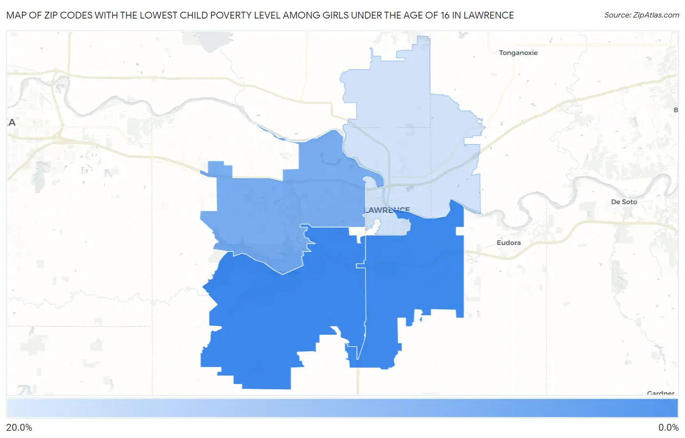 Zip Codes with the Lowest Child Poverty Level Among Girls Under the Age of 16 in Lawrence Map