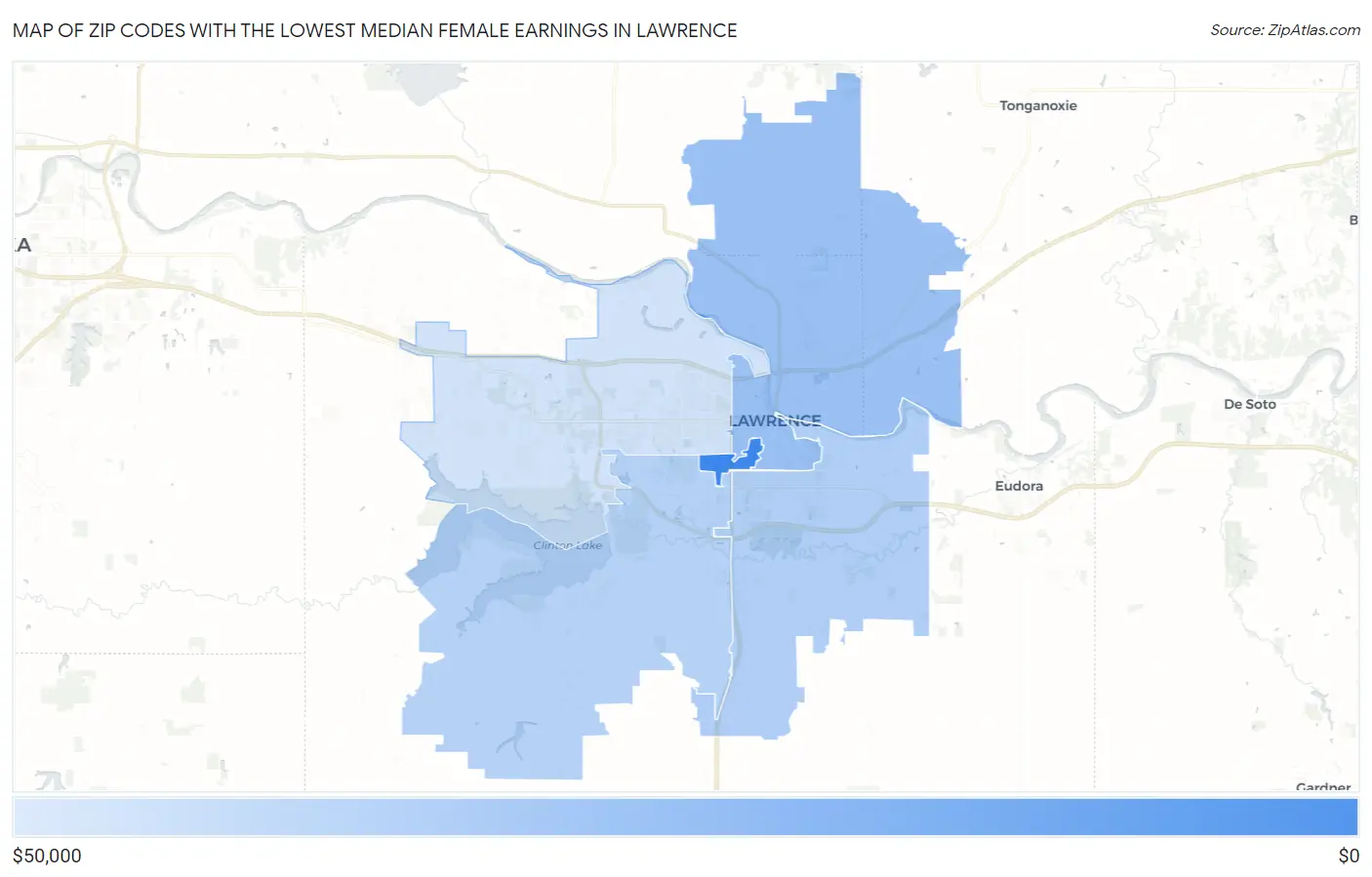 Zip Codes with the Lowest Median Female Earnings in Lawrence Map
