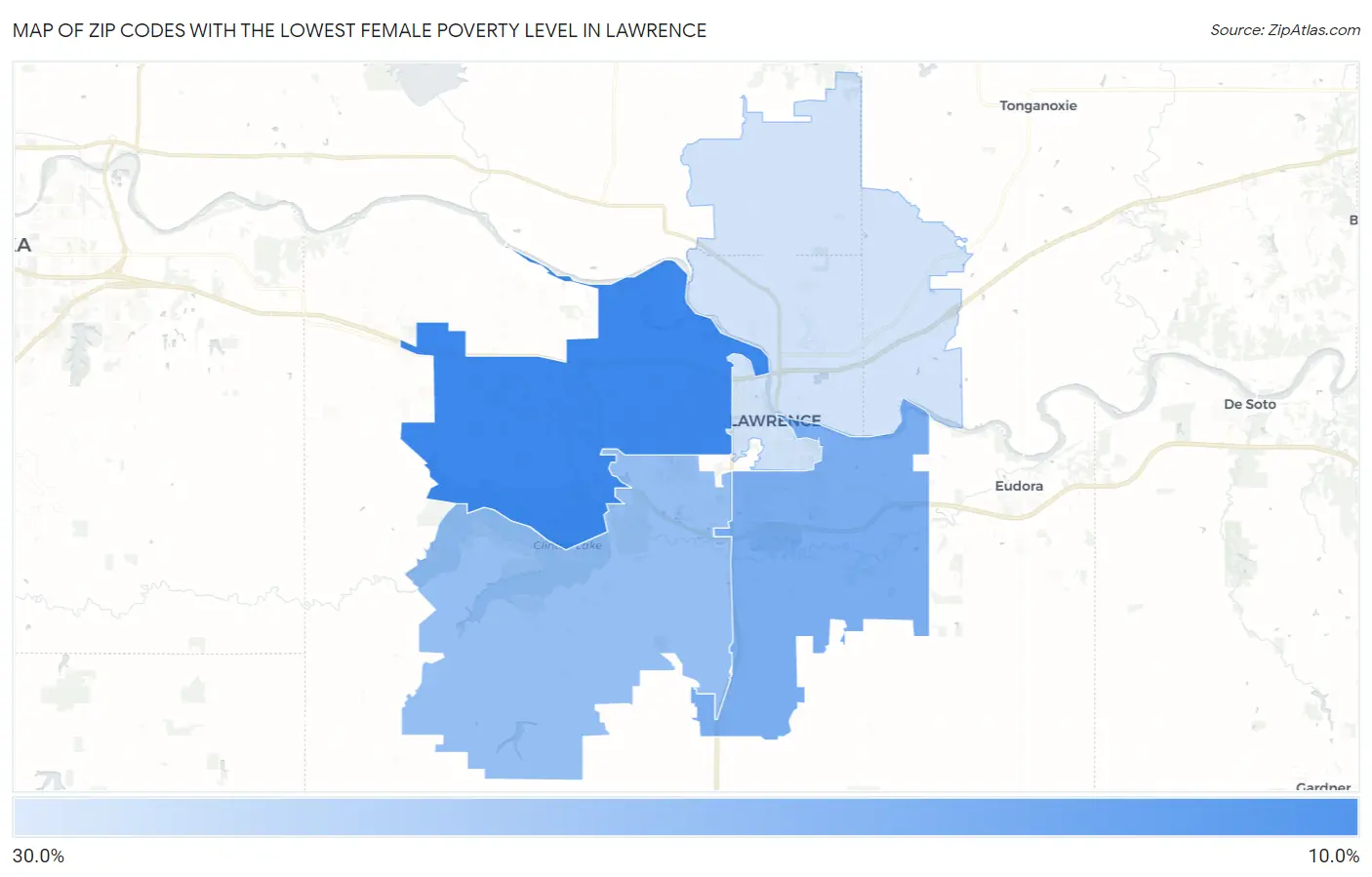Zip Codes with the Lowest Female Poverty Level in Lawrence Map