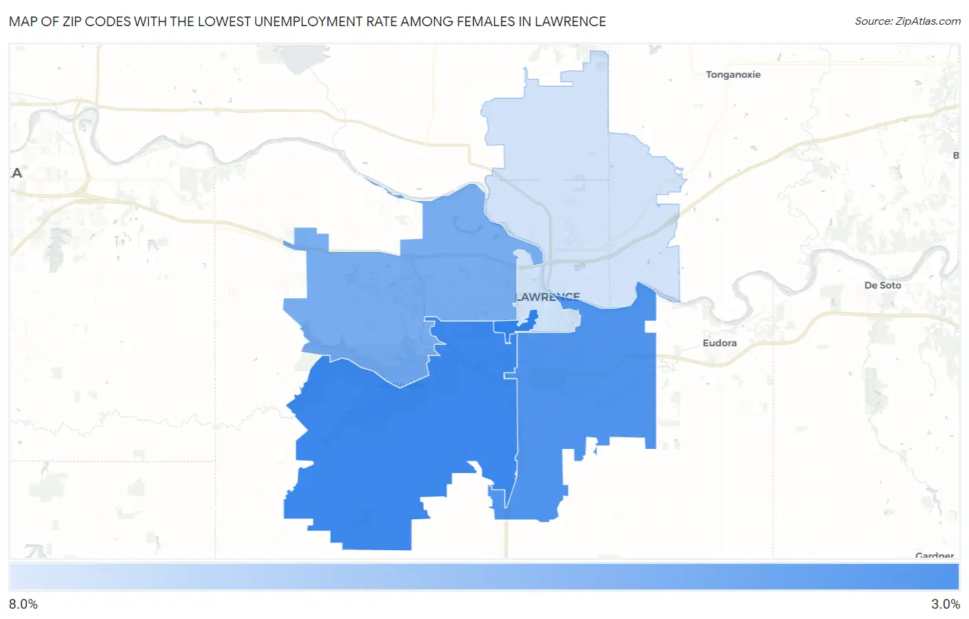 Zip Codes with the Lowest Unemployment Rate Among Females in Lawrence Map