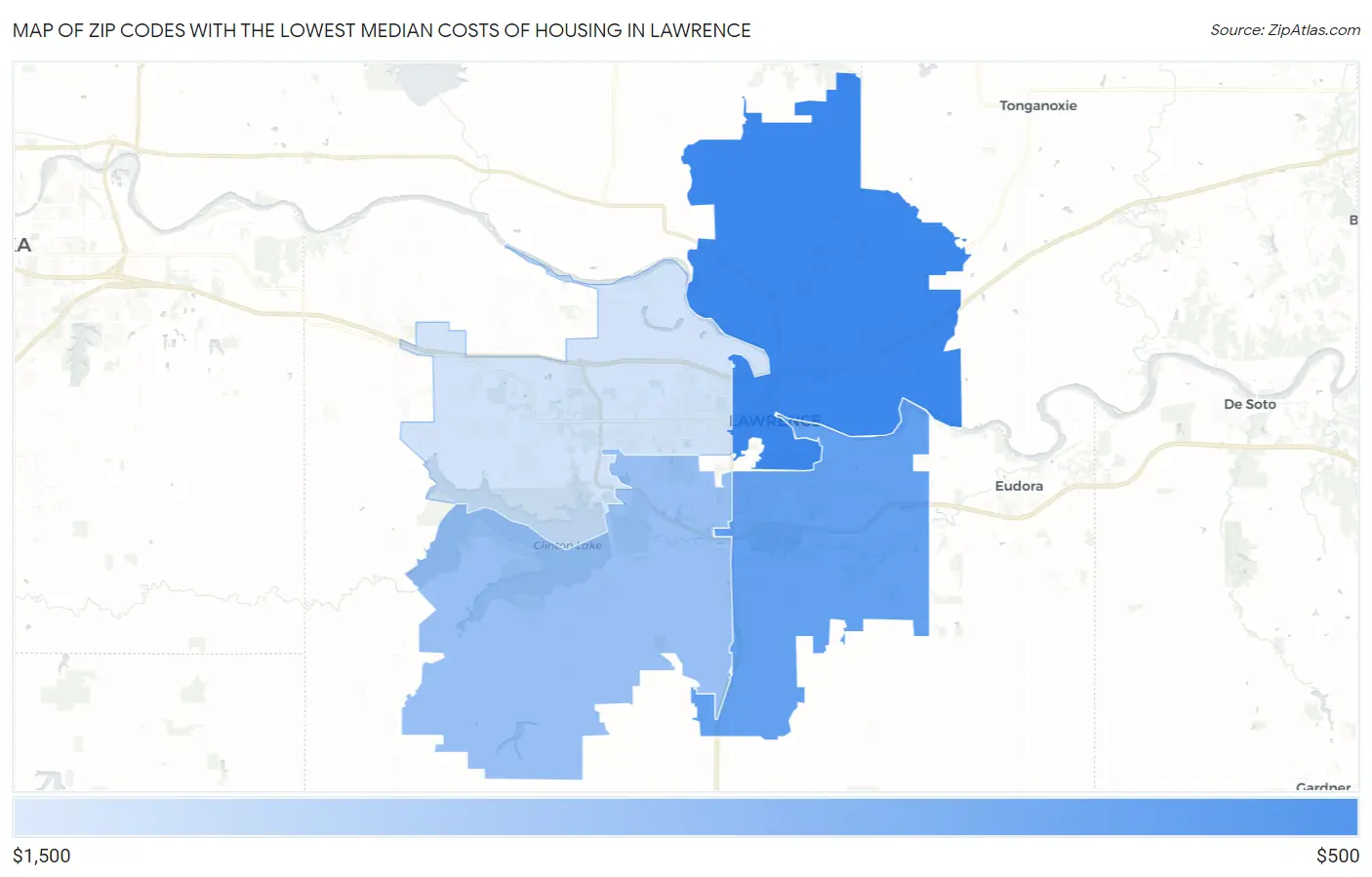 Zip Codes with the Lowest Median Costs of Housing in Lawrence Map