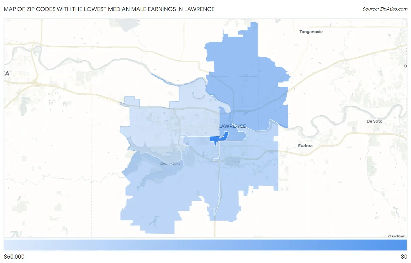 Zip Codes with the Lowest Median Male Earnings in Lawrence Map