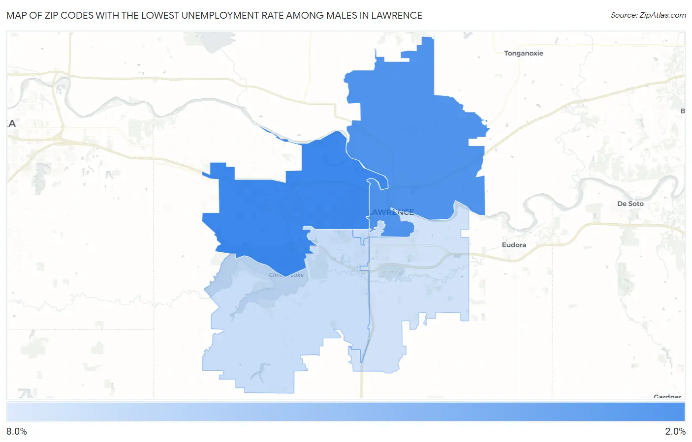 Zip Codes with the Lowest Unemployment Rate Among Males in Lawrence Map