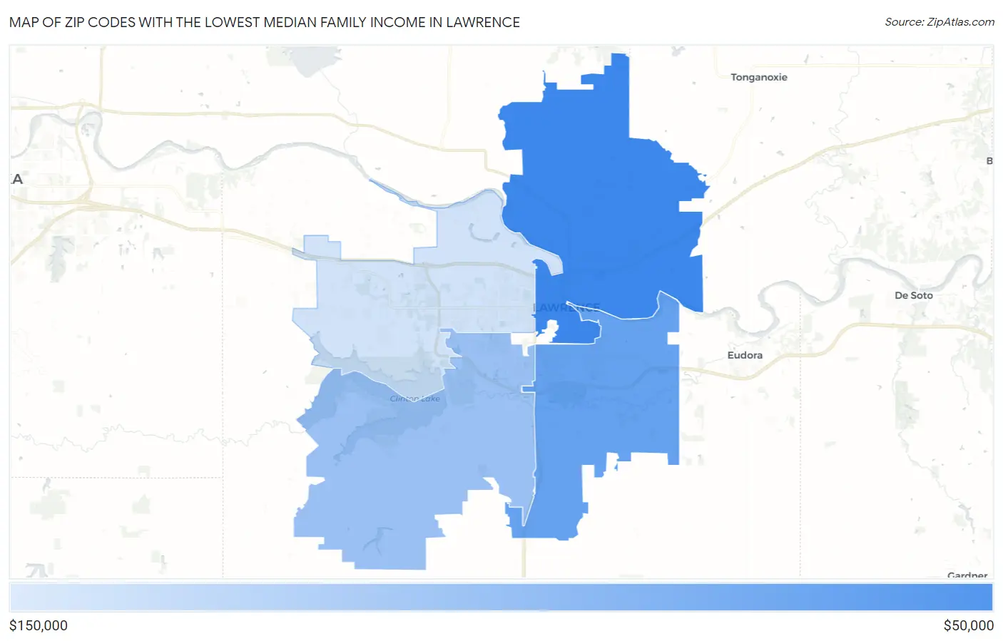 Zip Codes with the Lowest Median Family Income in Lawrence Map