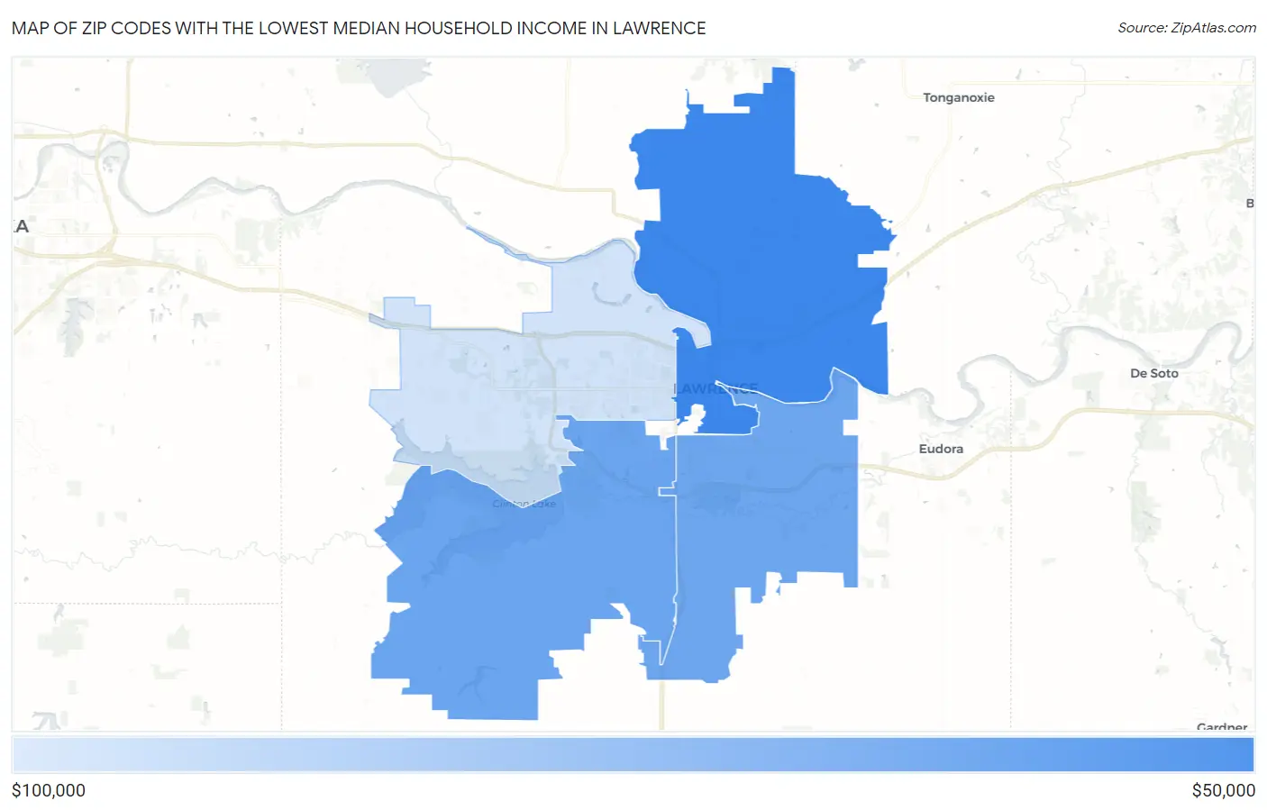Zip Codes with the Lowest Median Household Income in Lawrence Map