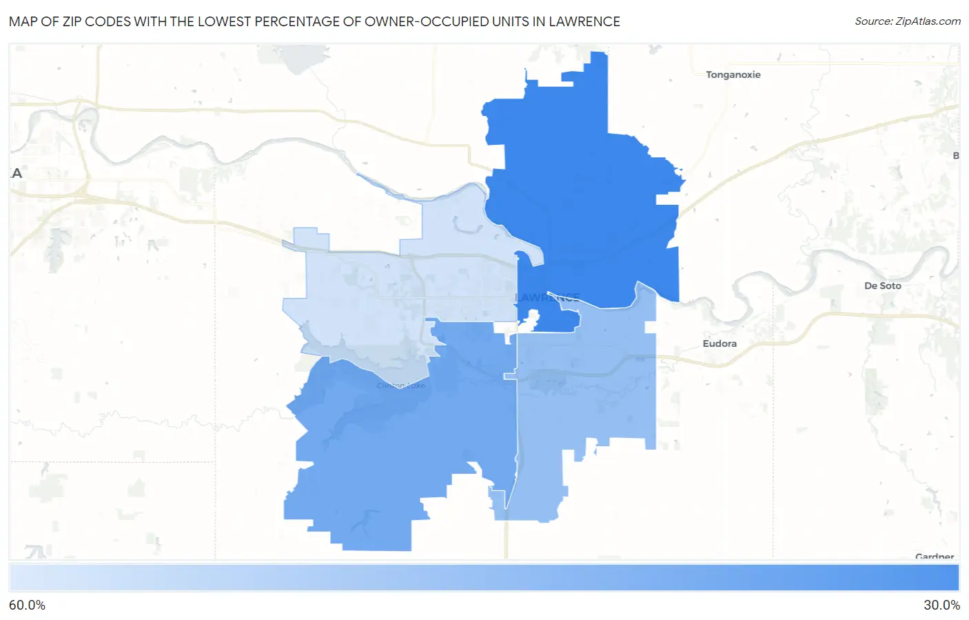 Zip Codes with the Lowest Percentage of Owner-Occupied Units in Lawrence Map