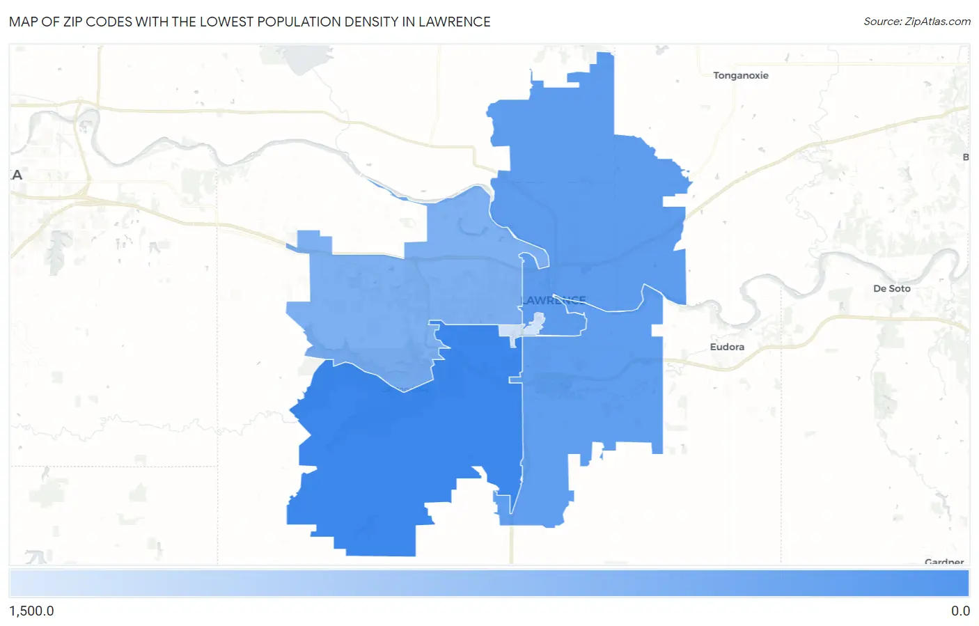 Zip Codes with the Lowest Population Density in Lawrence Map