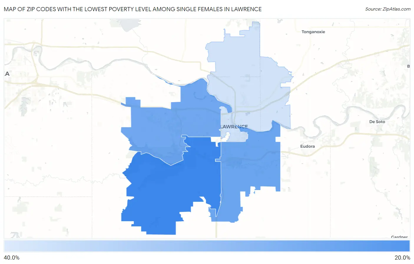 Zip Codes with the Lowest Poverty Level Among Single Females in Lawrence Map