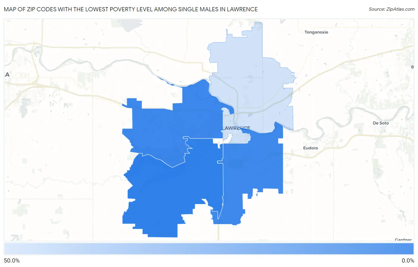 Zip Codes with the Lowest Poverty Level Among Single Males in Lawrence Map