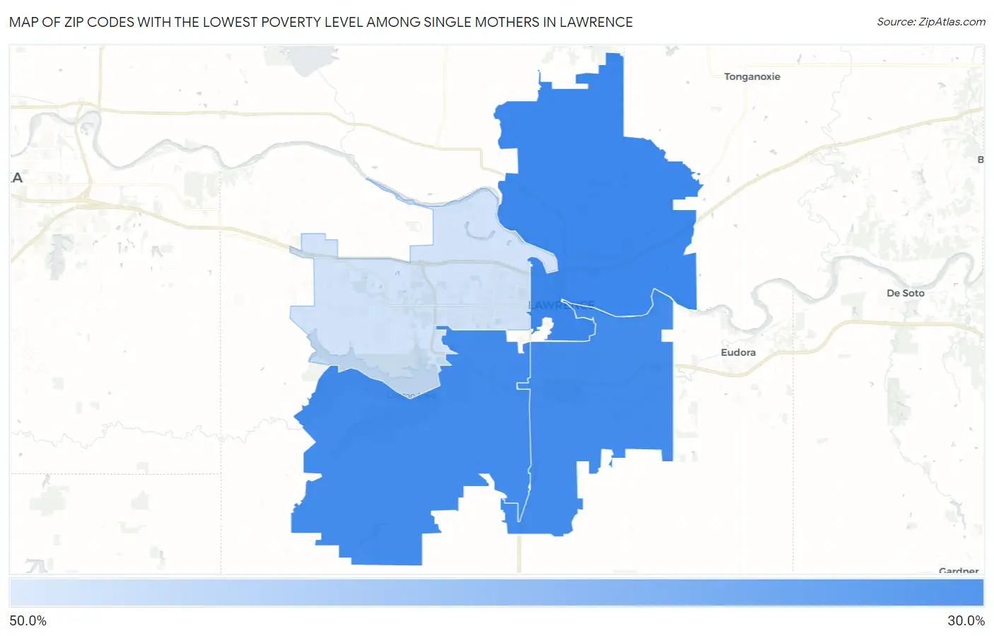 Zip Codes with the Lowest Poverty Level Among Single Mothers in Lawrence Map