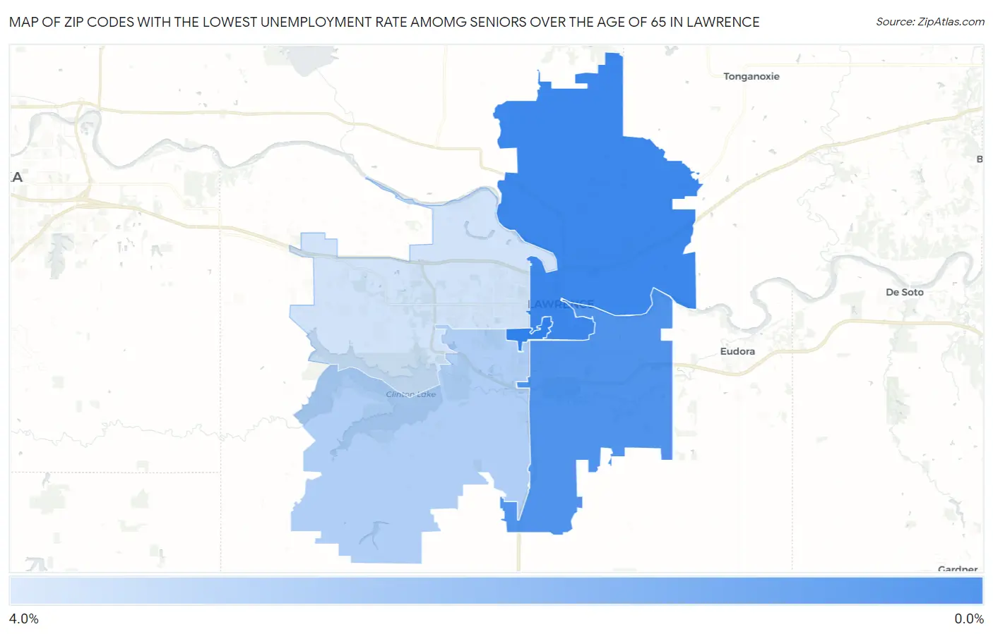 Zip Codes with the Lowest Unemployment Rate Amomg Seniors Over the Age of 65 in Lawrence Map