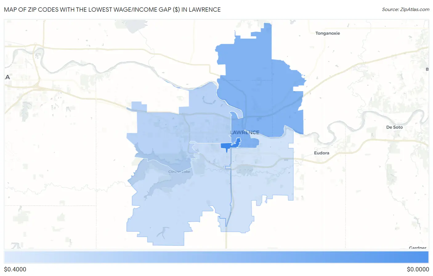 Zip Codes with the Lowest Wage/Income Gap ($) in Lawrence Map
