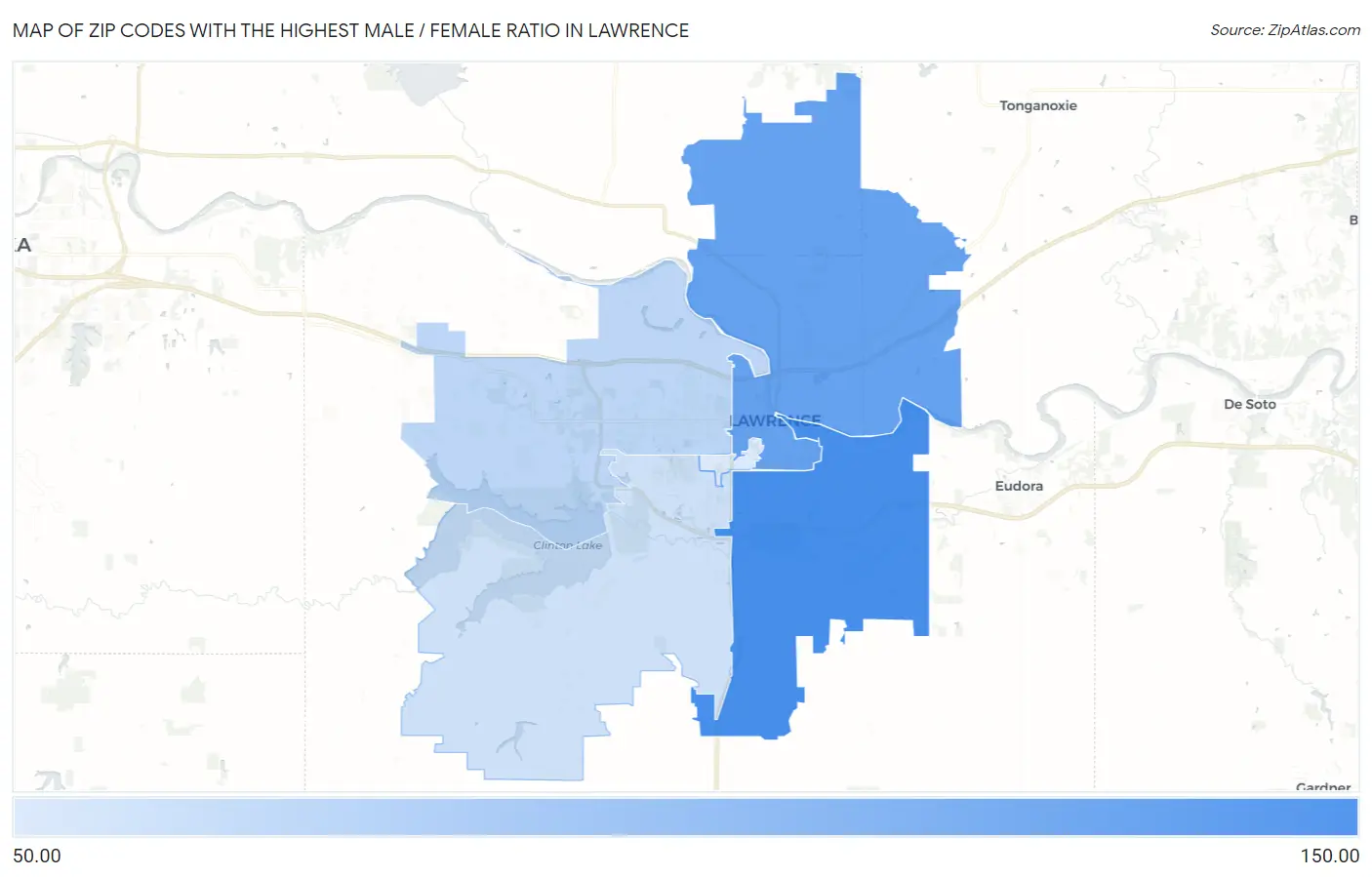 Zip Codes with the Highest Male / Female Ratio in Lawrence Map
