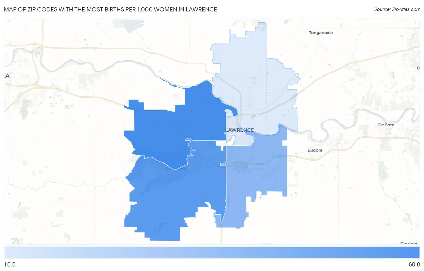 Zip Codes with the Most Births per 1,000 Women in Lawrence Map