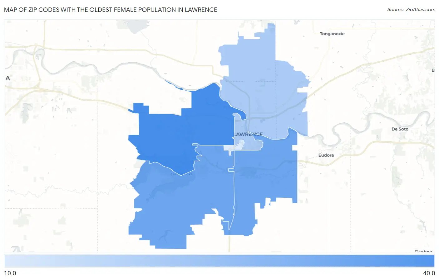 Zip Codes with the Oldest Female Population in Lawrence Map