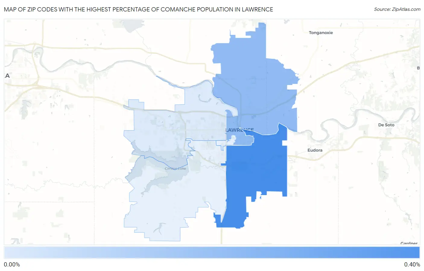 Zip Codes with the Highest Percentage of Comanche Population in Lawrence Map