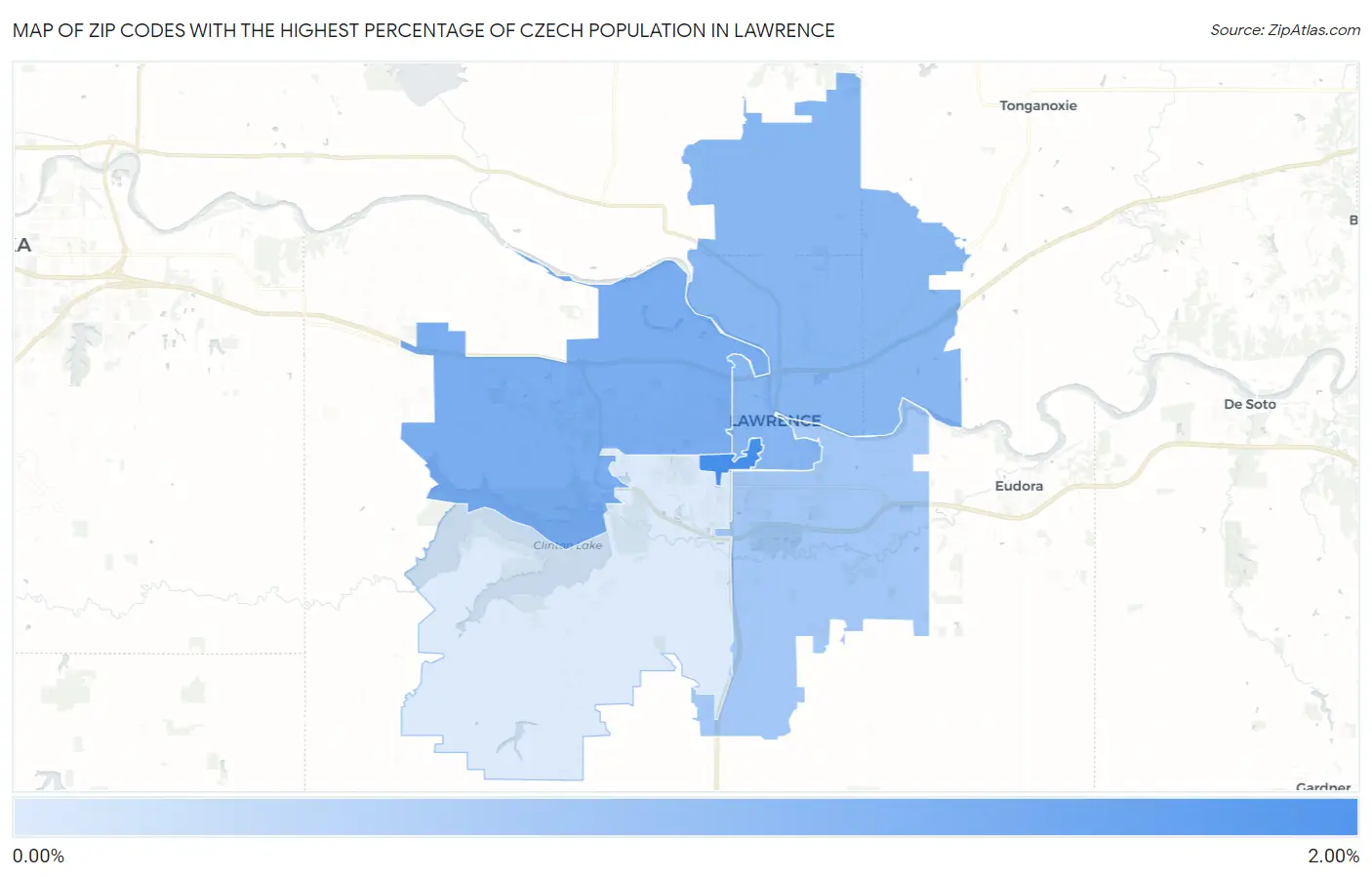 Zip Codes with the Highest Percentage of Czech Population in Lawrence Map