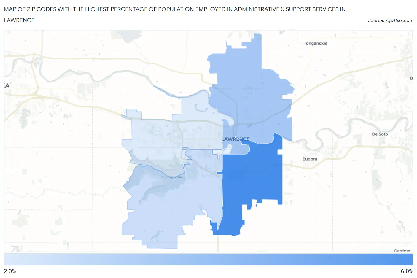 Zip Codes with the Highest Percentage of Population Employed in Administrative & Support Services in Lawrence Map