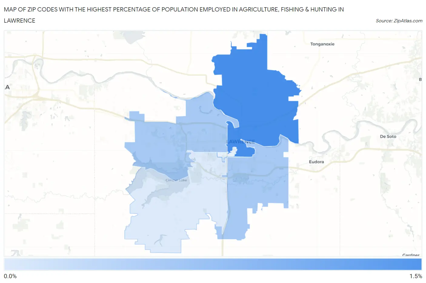 Zip Codes with the Highest Percentage of Population Employed in Agriculture, Fishing & Hunting in Lawrence Map