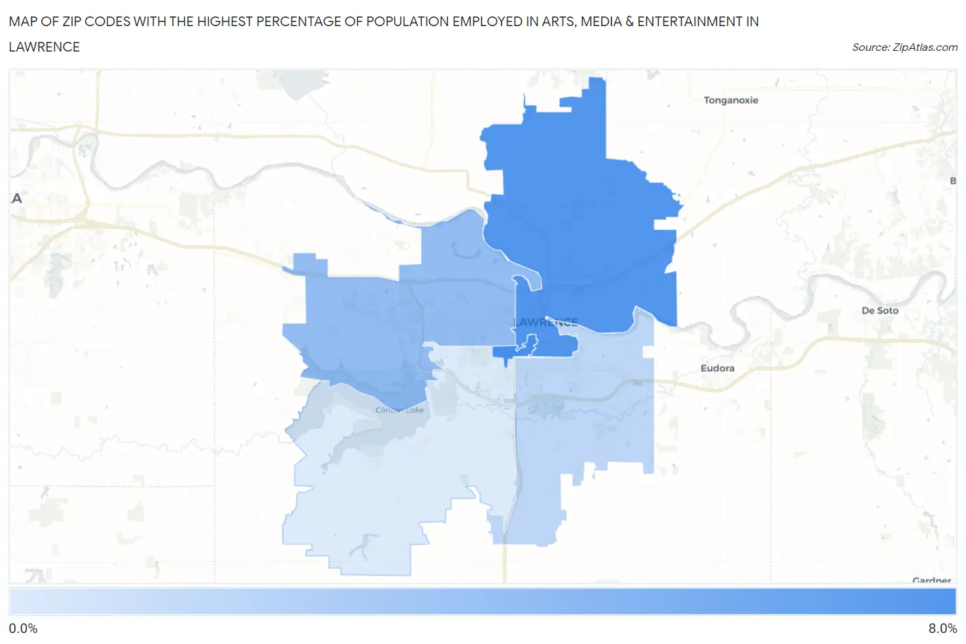 Zip Codes with the Highest Percentage of Population Employed in Arts, Media & Entertainment in Lawrence Map