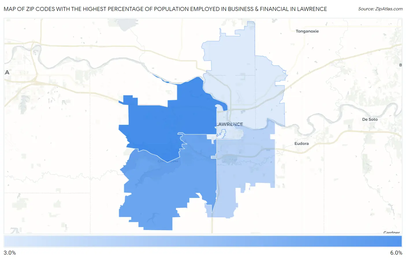 Zip Codes with the Highest Percentage of Population Employed in Business & Financial in Lawrence Map