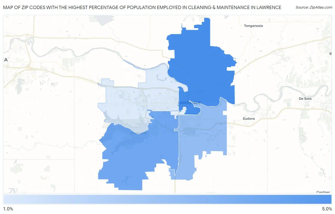 Zip Codes with the Highest Percentage of Population Employed in Cleaning & Maintenance in Lawrence Map