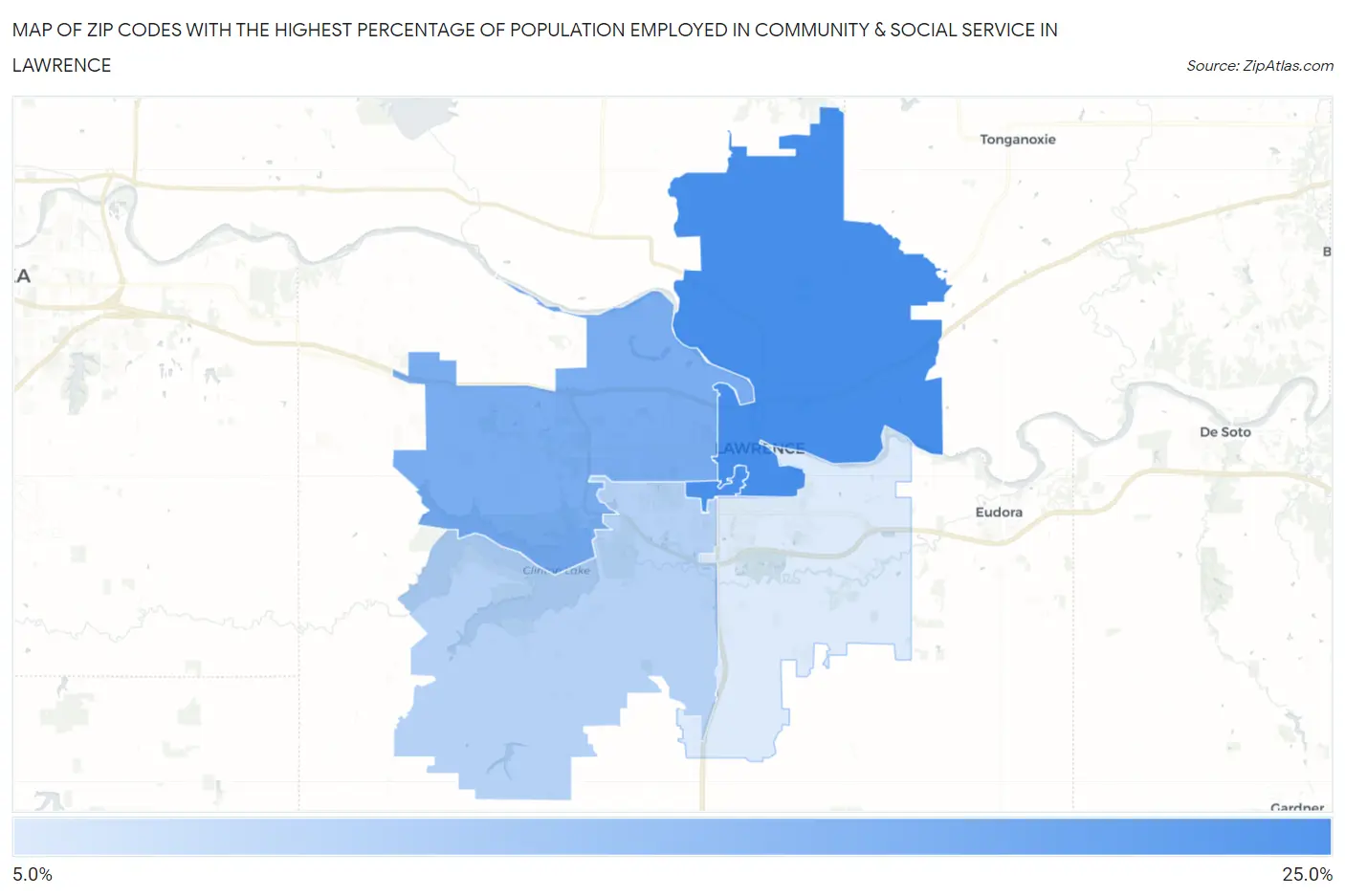 Zip Codes with the Highest Percentage of Population Employed in Community & Social Service  in Lawrence Map