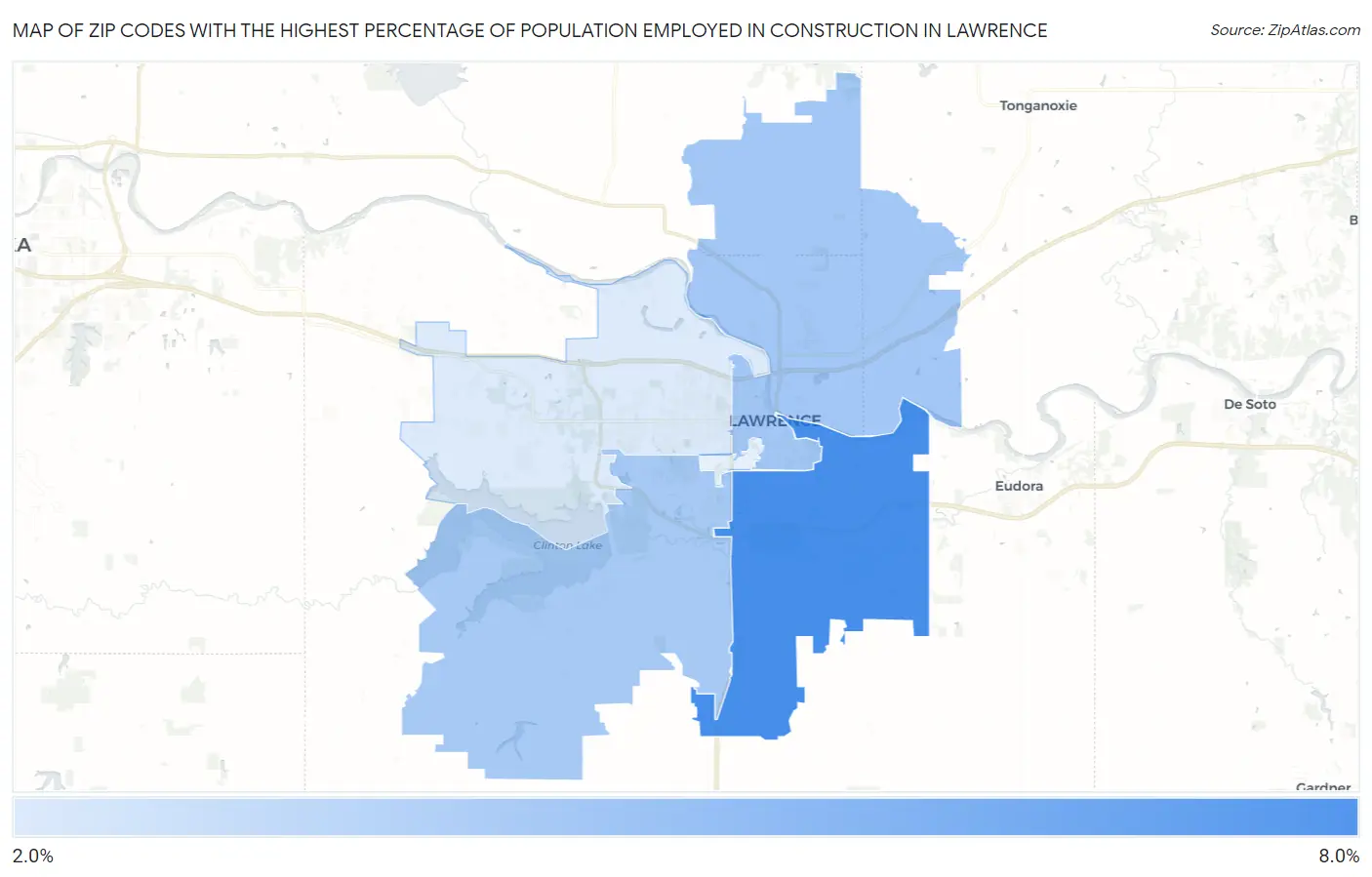 Zip Codes with the Highest Percentage of Population Employed in Construction in Lawrence Map