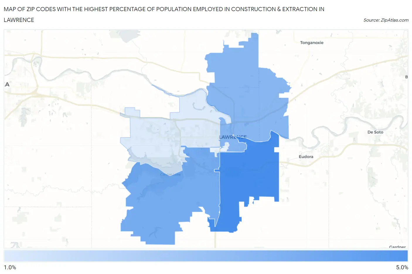 Zip Codes with the Highest Percentage of Population Employed in Construction & Extraction in Lawrence Map