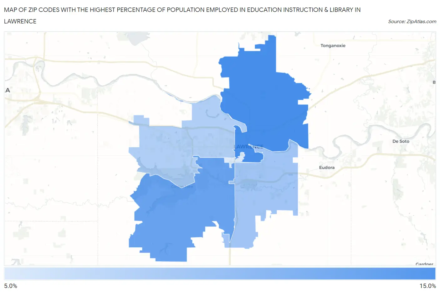 Zip Codes with the Highest Percentage of Population Employed in Education Instruction & Library in Lawrence Map