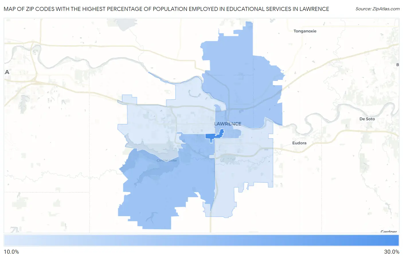 Zip Codes with the Highest Percentage of Population Employed in Educational Services in Lawrence Map