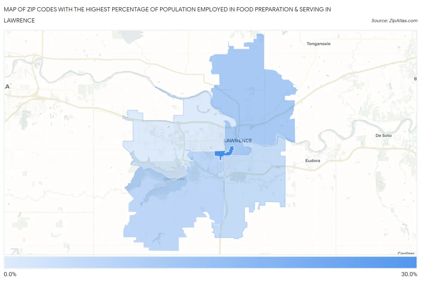 Zip Codes with the Highest Percentage of Population Employed in Food Preparation & Serving in Lawrence Map