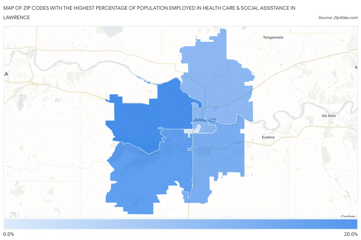 Zip Codes with the Highest Percentage of Population Employed in Health Care & Social Assistance in Lawrence Map