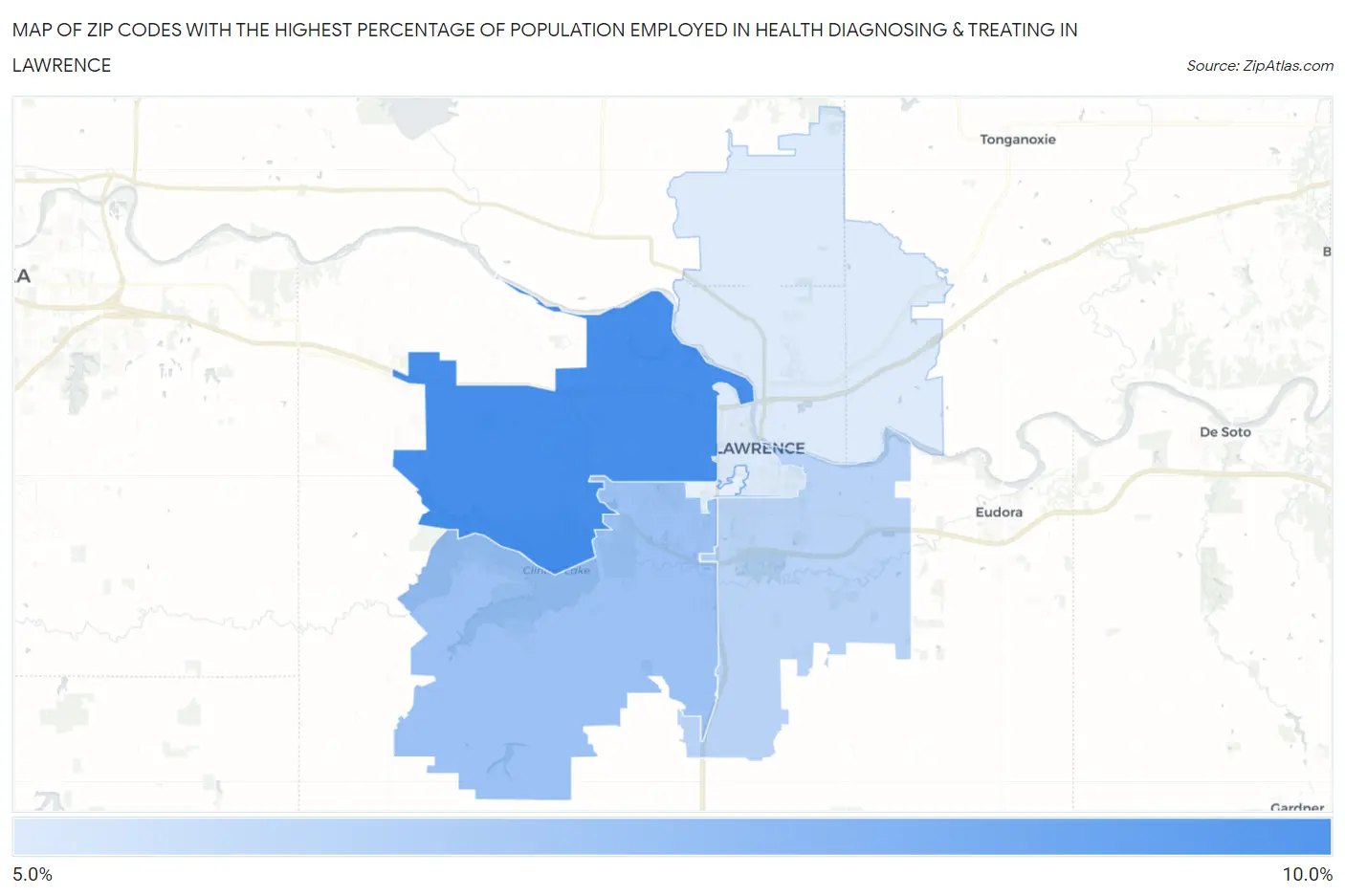 Zip Codes with the Highest Percentage of Population Employed in Health Diagnosing & Treating in Lawrence Map