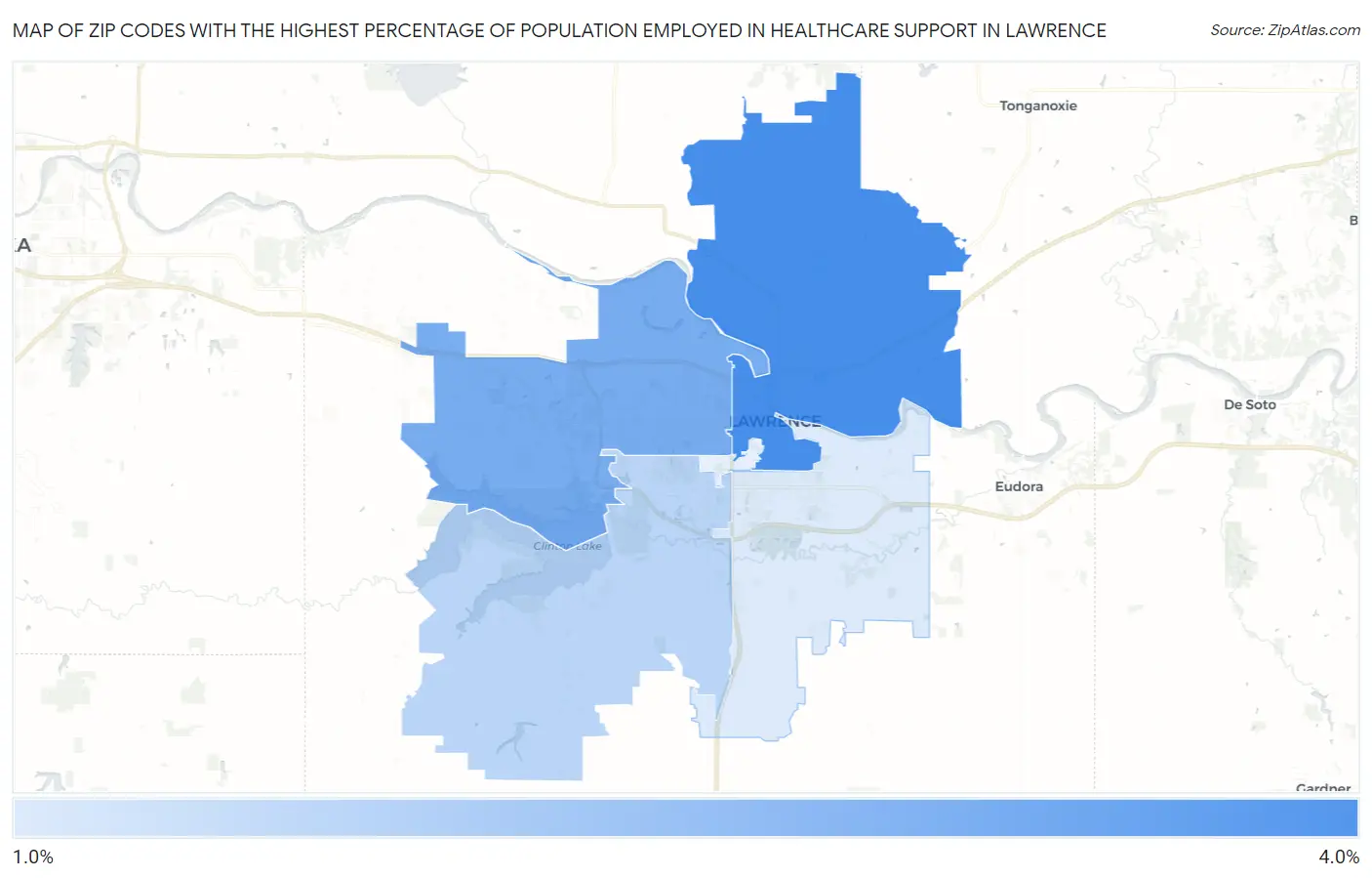 Zip Codes with the Highest Percentage of Population Employed in Healthcare Support in Lawrence Map