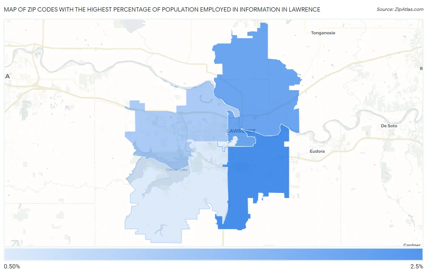 Zip Codes with the Highest Percentage of Population Employed in Information in Lawrence Map